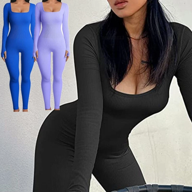 Jumpsuit for women One Piece Ribbed Square Neck Overall Long Sleeve Bodycon  Yoga Jumpsuits Sportwear Unitard Playsuits : : Clothing, Shoes 