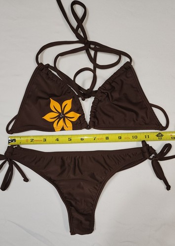 Brown 2 Piece Bikini Yellow Flower Size M adjustable - Picture 10 of 11