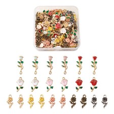 124pcs Golden Plated Enamel Rose Flower Charms Tibetan Alloy Dangle Charms Craft