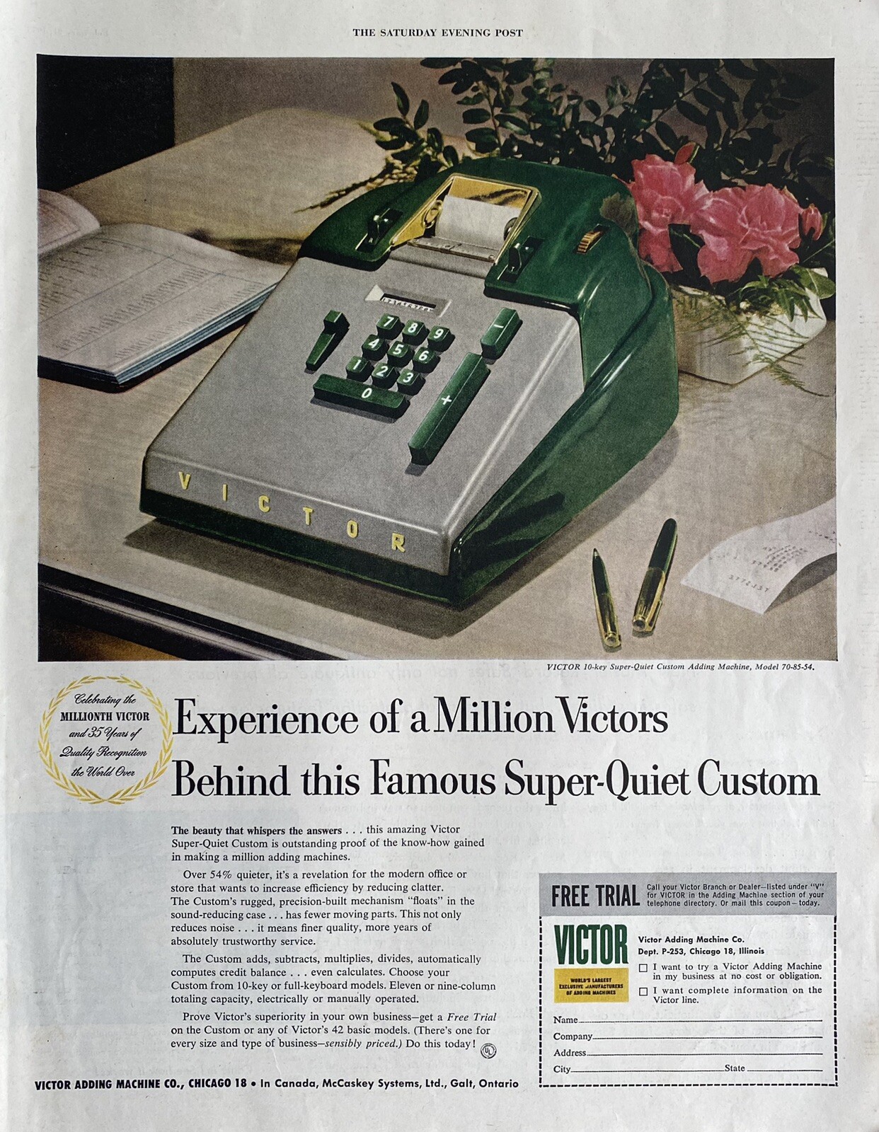 Vtg Print Ad 1953 Victor SuperQuiet Custom Calculator Retro Office