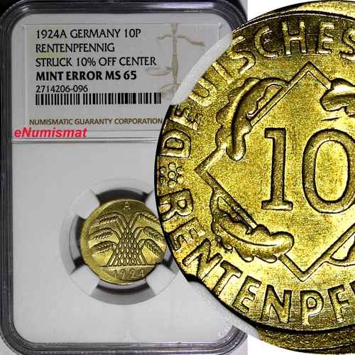 Germany-Weimar  1924-A 10 Rentenpfennig NGC MINT ERROR MS65 SCARCE KM#33 (096)