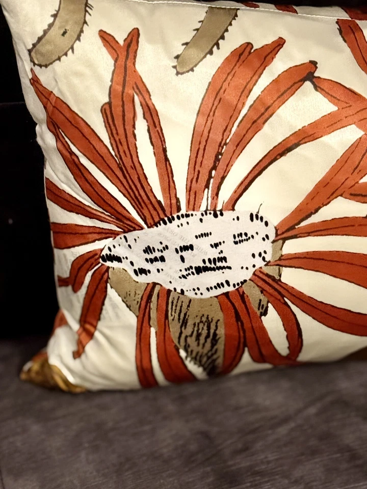 West Elm Throw Pillow By Orkin 12” X 21” Ivory Orange Brown Floral 100% Silk - Image 4 of 4