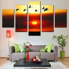 Bird Flock Silhouette At Sunset Red Sky 5 Piece Panel Canvas Wall Art Decor