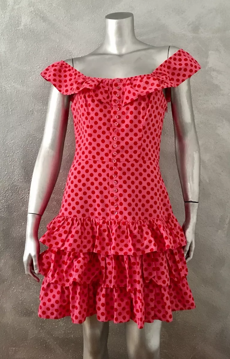 BETSEY JOHNSON Pink Red Polka Dot Bustier Tiered Ruffle Dress | eBay