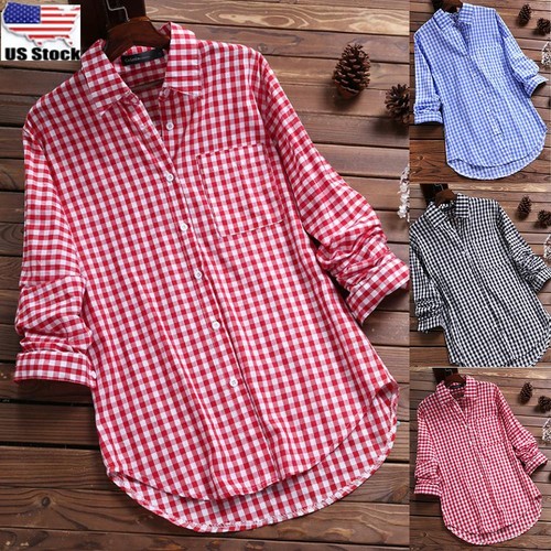 Women Cotton Check Striped Tops Shirt Ladies Summer Button Loose Blouse T-shirt