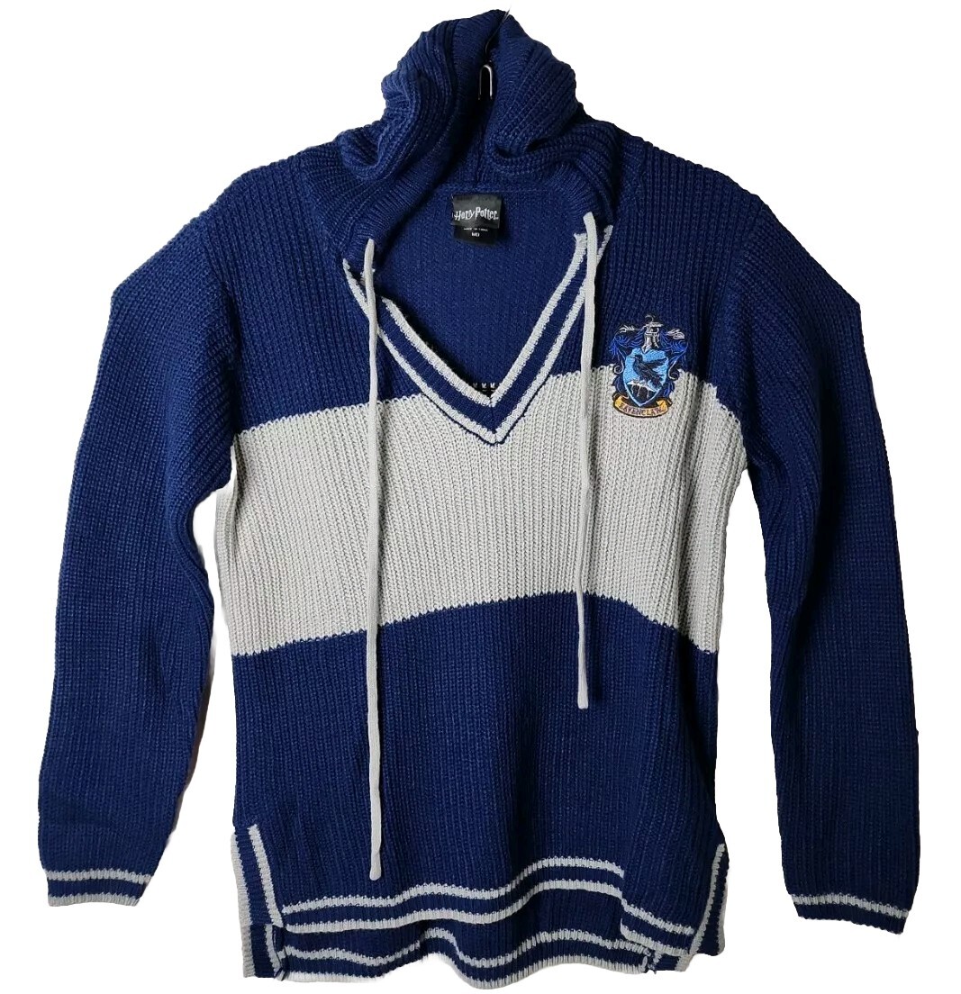Harry Potter Women M Ravenclaw Blue Crest Spell Out Knitted Sweater Hoodie