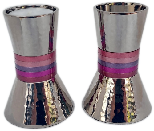 new Aluminum textured silver Candlesticks / Candles Holders Shabbat israel.pink - Picture 3 of 4