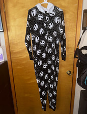 Disney Jack Skellington Boys L One Piece Fleece Hooded Zip Pajamas Black/White