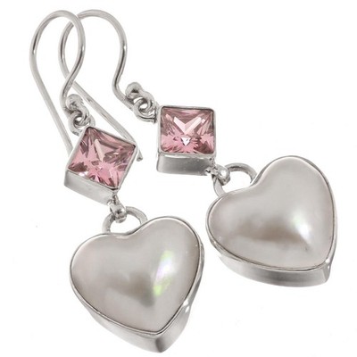 925 Sterlingsilber weiße Mabe Ozean Perle Herz rosa CZ Sterling Ohrringe, 1''