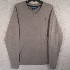 US Polo Assn. Mens Gray Knit Sweater Size Large V-Neck Acrylic Long Sleeve Soft