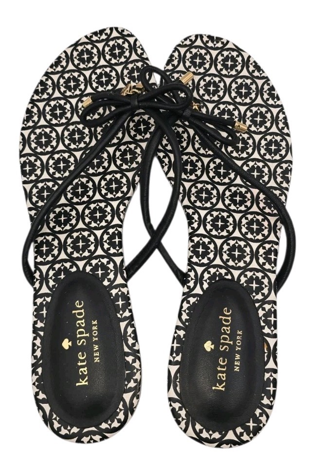 Kate Spade Sandals Black White Leather Flat Thong Bow *Gold Spade Size 10 EUC