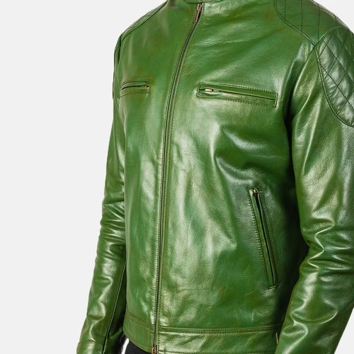 Men’s Green Genuine Leather Jacket  Classic Cafe Racer Motorcycle Biker Coat image 4