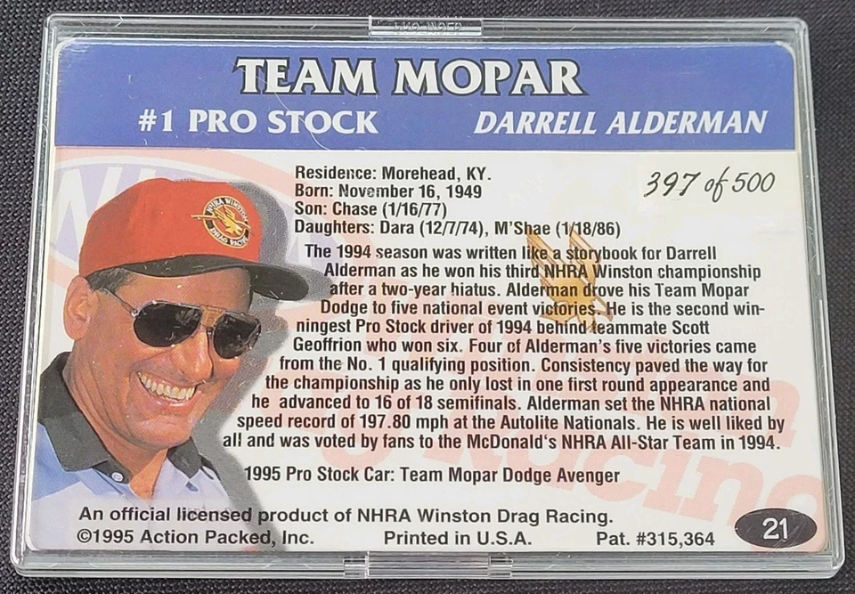 1995 Darrell Alderman/Team Mopar Signed Action Packed NHRA Card, 397/500 - Image 3 of 3