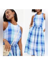 LOFT Aqua/Blue/White Seersucker Plaid Sleeveless Midi Dress w/Pockets size XS