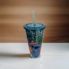 Stitch Tumbler Ohana Plastic Blue Glitter Tumbler With Lid and Straw 32 Oz NWT