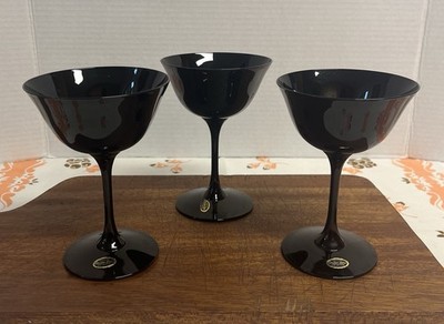 Hand Blown Cordon Bleu Black Crystal Champagne Coupes Set Of 3