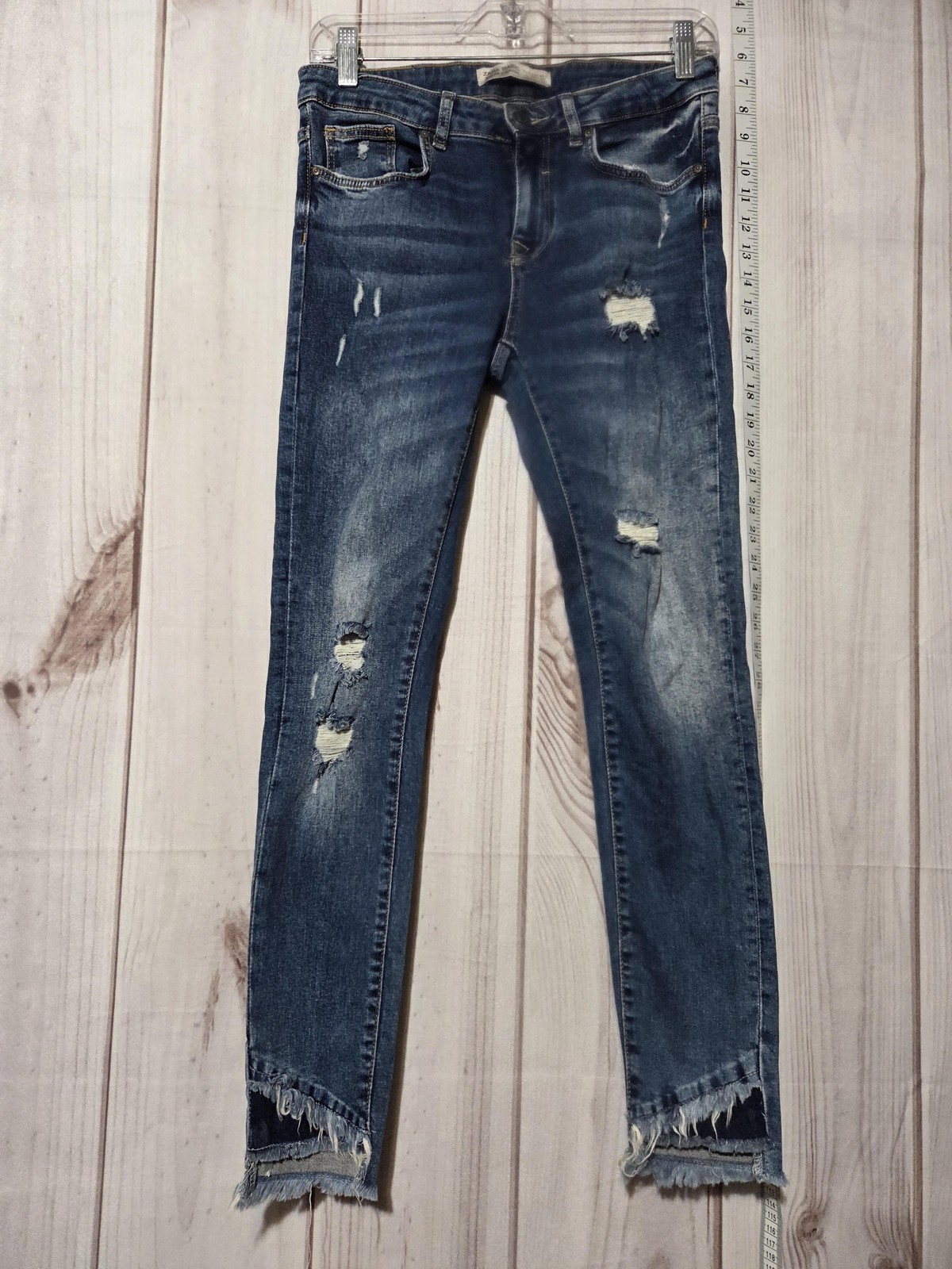 Zara Z1975 Denim Jeans Womens 6 Blue Mid Rise Skinny Distressed Raw Hem Ankle