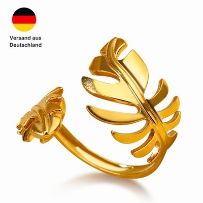 Pflanzen Ring Damen Edelstahl Goldoptik Verstellbar Offener Fingerring Wasserfes