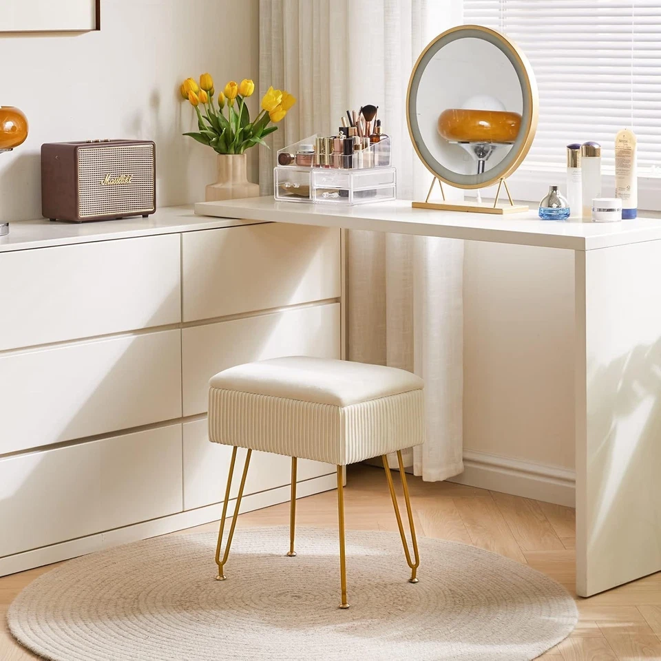 Beige Velvet Storage Ottoman Stool Square Bench Dressing Table Seat - Image 2 of 4