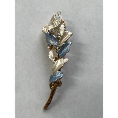 Vintage Floral Leaf Brooch Gold Tone Cream Blue Enamel Rhinestone Botanical Pin