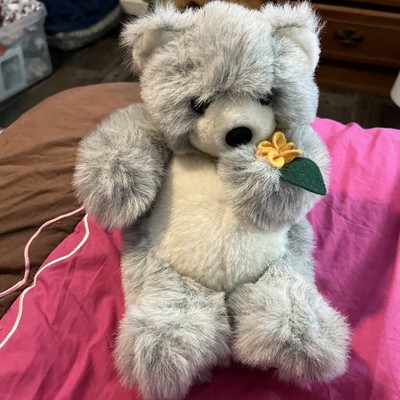 Vintage WESTCLIFF COLLECTION Gray BEAR Plush Laying On Back With Felt Flower