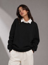 Women s Oversized Fleece Sweatshirt Crew Neck Layered Collar Pullover Black