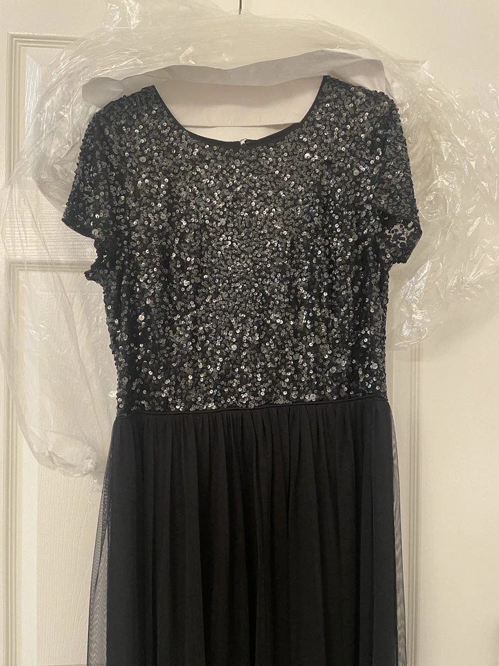 Adrianna Papell Black Sequin Tulle Short Sleeve Dress, 16 - Image 2 of 4