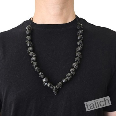 Hand Carved Buffalo Horn Large Black Skulls Adjustable Memento Mori Necklace