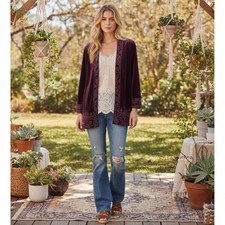 Coldwater Creek Burgundy Embroidered Velvet Jacket 12 Beaded Boho Chic Open Vtg