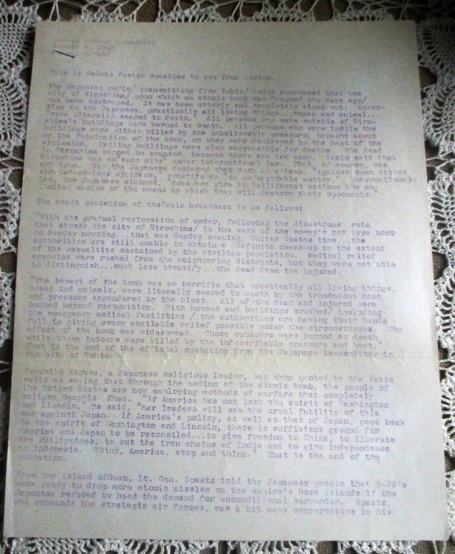 Antique Cedric Foster Radio Broadcast Transcript Nagasaki Bombing World War II