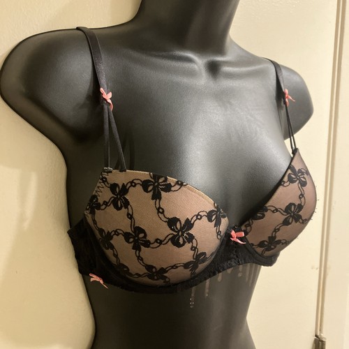 Betsey Johnson Black Bra Sz 34C Padded Demi Underwire Lace Pink Bow Trim - Picture 2 of 7