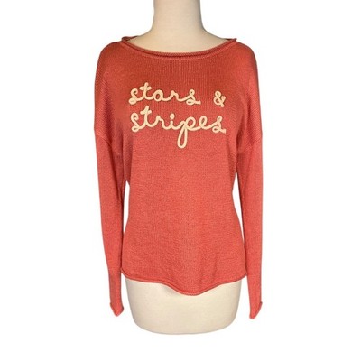 Marled Stars & Stripes Knit Sweater Medium Rust Americana Lightweight Long Sleev