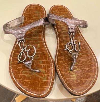 Sam Edelman Brown/Silver Croc Leather Thong Flat Sandals Logo Womens US 7.5