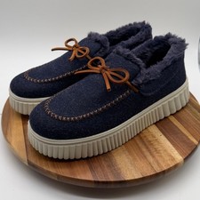 Skechers Women's 9 1/2 Moccasin Cozy Lined Slippers Navy Faux Fur Memory Foam