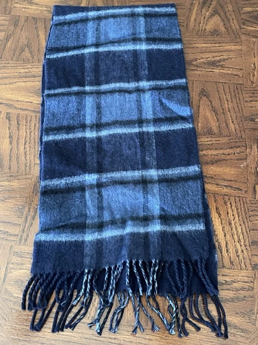 Christian Dior Monsieur foulard laine mérinos franges bleu plaid 48 x 11,5