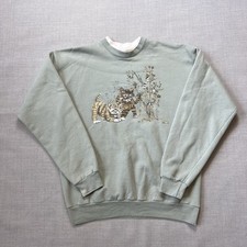 Vintage Floral Kittens Crewneck Adult Size M Pullover Hanes Comfort Blend Green