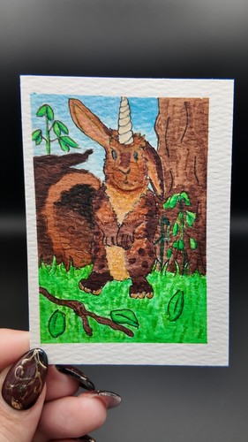 Almiraj Curious in Clover ACEO Original Watercolor TTRPG DnD Fantasy Art OOAK