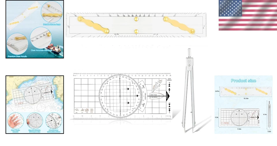 Herramientas de navegación marina duraderas: regla paralela, transportador náutico y divisores Foto 2 de 4