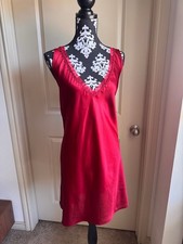 Delicates Red Satin Slip Dress Nightgown with Embroidered V-Neck Trim
