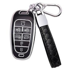 for Hyundai Key Fob Cover 7 Button with Leather Keychain Silver Edge B:black