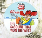 VINTAGE GO with PHLIPPS 66 GASOLINE OIL COWBOY PORCELAIN PUMP GAS STATION SIGN