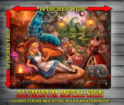 Alice in Wonderland in Chains with Caterpillar Metal Sign Wall Art 14'' x 11''