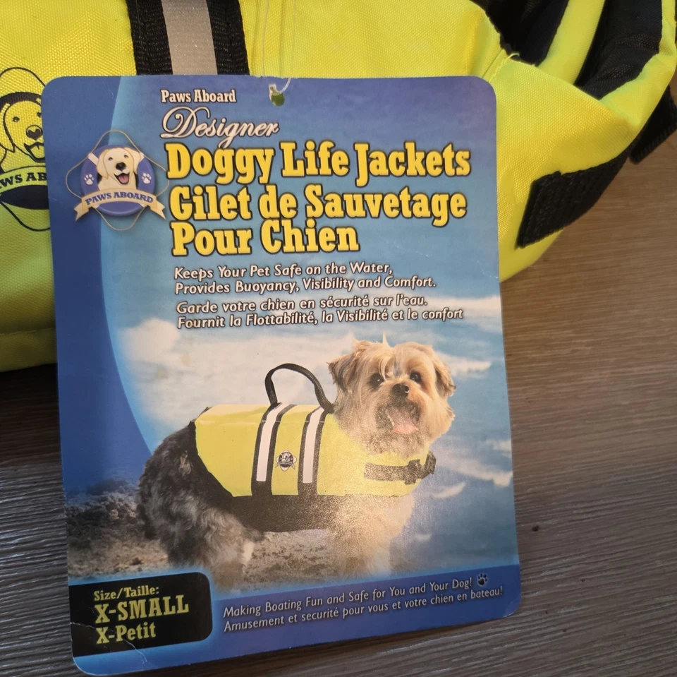 PAWS ABOARD DOG LIFE JACKET SIZE XS NEON Grn YELLOW w/ADJUSTABLE STRAPS BOATING - Image 2 of 4