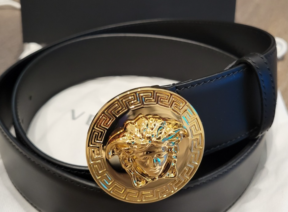 Versace Men Black Leather Belt Size 85-90-95-100 Gold Buckle