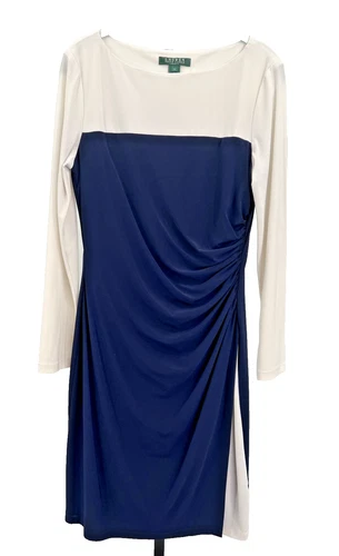 Lauren Ralph Lauren Blue + White Colorblock Cinch Waist Midi Dress - Size 10