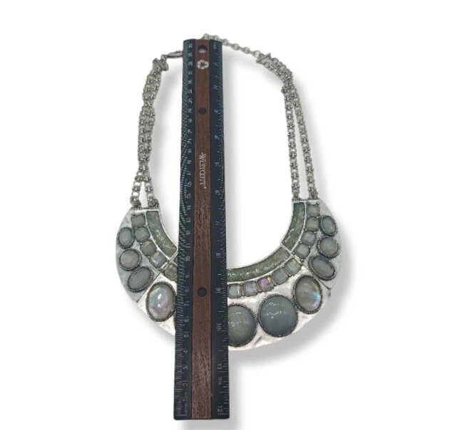 Chico's Silver Tone Statement Dramatic Bib Ornate Iridescent Necklace - Image 4 of 4
