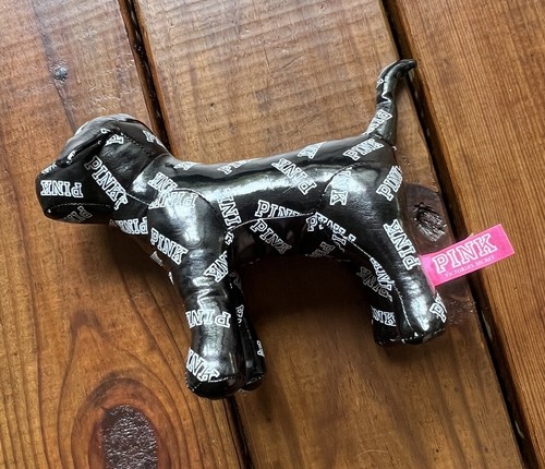 Victoria's Secret black shiny faux leather logo print stuffed plush dog - Picture 3 of 10
