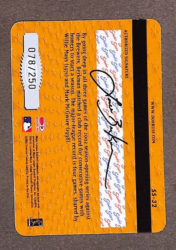 2002 Donruss Studio Stars Gold #SS-32 Lance Berkman /250 - Image 2 of 3