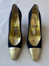 Rene Mancini Vintage Black Peau de Soie with Gold Leather Toe Heels, Size 37
