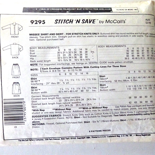 McCall's 9295 Vintage Misses 12-14-16 Shirt & Skirt Pattern Elastic Waist - Picture 3 of 4